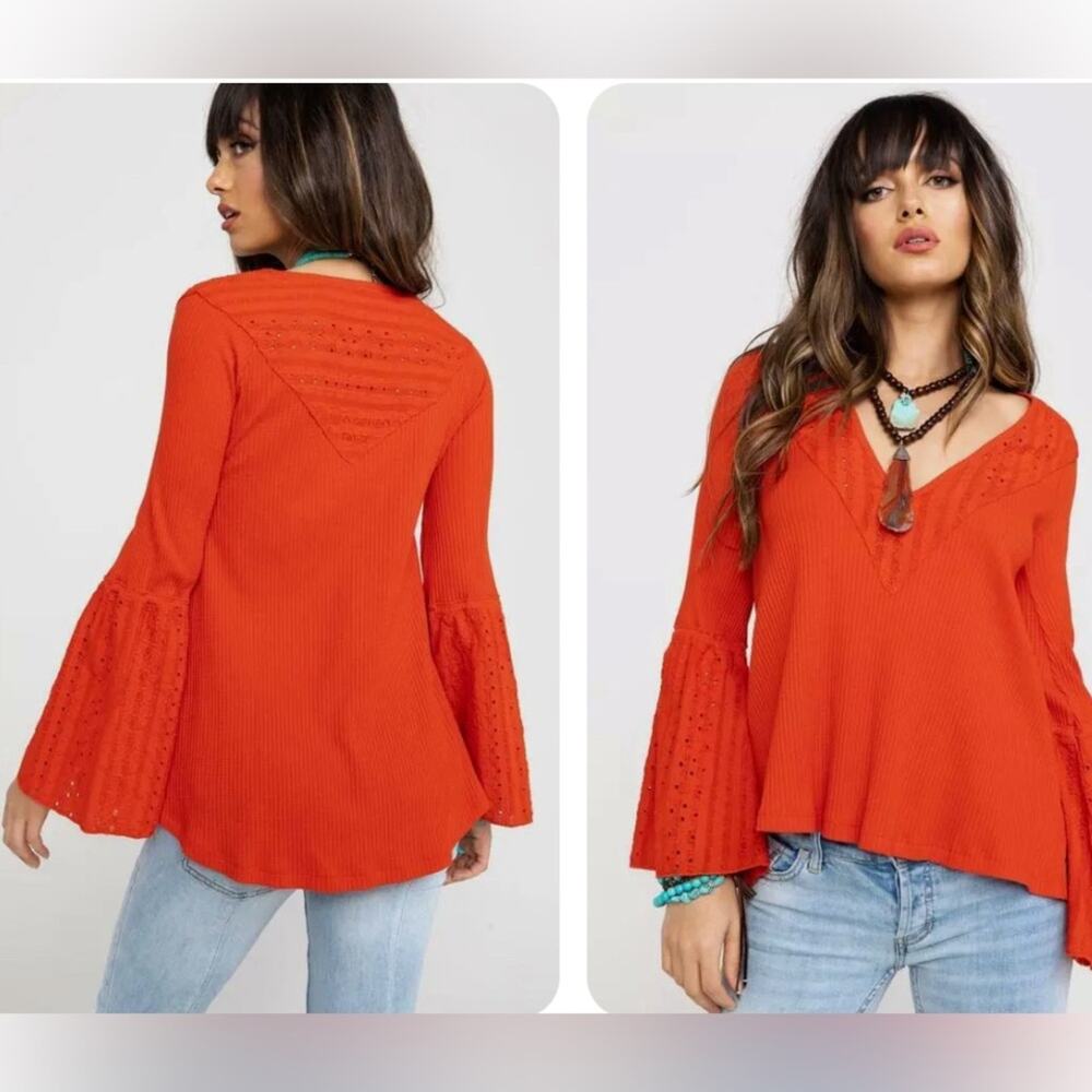 NWT Free People Parisian Nights Top in Vermillion Red Ribbed Eyelet Blouse Med - Picture 2 of 6